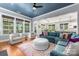 Open living room with blue ceiling, large windows and large modern sofa, and open to kitchen and dining area at 1620 Arnold Dr, Charlotte, NC 28205