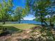 Stunning waterfront backyard with lush green grass and mature trees offering breathtaking views at 17835 Terryglass Ln, Charlotte, NC 28278