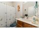 Cozy bathroom with a patterned shower curtain and vanity at 5141 Grandview Dr, Fort Mill, SC 29707