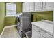 Functional laundry room with modern washer and dryer, ample storage, and a bright window at 10792 Elsfield Nw Ave, Concord, NC 28027