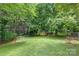 A sprawling backyard with a storage shed surrounded by lush, mature trees at 1734 Seifert Cir, Charlotte, NC 28205