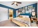 Serene bedroom featuring rich blue walls complemented by decorative wall art and a doorway leading to the Primary bath at 2313 Blueberry St, Belmont, NC 28012