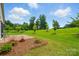 Spacious backyard with lush green grass, manicured landscaping, and a stone patio at 258 Cherrytree Dr, Fort Mill, SC 29715