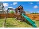 A wooden playset with a slide, swing, climbing wall, and lookout offers hours of fun in the backyard at 3092 Riker St, Clover, SC 29710