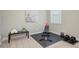 A home gym featuring a weight bench, dumbbells, and exercise mat at 317 Annatto Way, Tega Cay, SC 29708