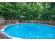 An in-ground pool is fenced in and surrounded by mature trees in this backyard at 3513 Briarcliff Acres Dr, Lincolnton, NC 28092