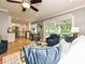Bright, airy living room featuring hardwood floors, blue accent chairs, and access to the kitchen at 4000 Chandworth Rd, Charlotte, NC 28210