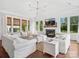 Comfortable living room with fireplace and large windows with white window treatments at 435 Galbreath Ct # 128, Fort Mill, SC 29708