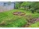 Backyard fire pit area surrounded by brick wall, trees, and a small stream at 509 N Oak St, Lincolnton, NC 28092
