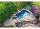 Aerial view of a backyard with a private pool, spa, and putting green, surrounded by lush landscaping at 6206 Glencairn Ct, Charlotte, NC 28269