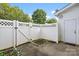 Fenced backyard offers privacy and features a small garden area with a white fence and door at 6443 Mallard View Ln, Charlotte, NC 28269