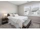 Carpeted bedroom featuring a queen bed with a headboard and side table with lamp at 8928 Morning Mist Rd, Charlotte, NC 28215