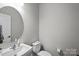 Neutral powder room featuring a round mirror, pedestal sink, and modern fixtures at 8928 Morning Mist Rd, Charlotte, NC 28215
