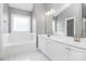 Bright bathroom featuring a white vanity with double sinks, a large mirror, and a separate bathtub at 7023 Blakeney Greens Blvd, Charlotte, NC 28277