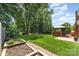 A well-maintained backyard with a patio and garden beds at 1012 Lightwood Dr, Matthews, NC 28105