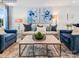 Cozy living room with neutral walls, stylish blue accents and a neutral patterned rug at 1511 River Cane St, Edgemoor, SC 29712