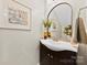 Stylish bathroom with a vessel sink, arched mirror, decorative plants, and neutral wall color at 1644 Backcreek Ln, Gastonia, NC 28054