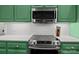 Modern kitchen with stainless steel appliances, white subway tile backsplash, and ample green cabinetry at 213 Genesis Pl, Cleveland, NC 27013