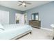 Cozy bedroom with blue walls, a dresser, carpet flooring, and an attached bathroom at 424 Cassia Ct, Fort Mill, SC 29708