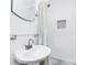 Bright bathroom features a white vanity, subway tile shower and decorative shower curtain at 5929 Brookhaven Rd, Charlotte, NC 28210