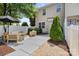 Charming patio with outdoor seating, an umbrella, and manicured landscaping at 10027 Juniper Trace Dr, Charlotte, NC 28277