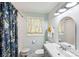 Well-lit bathroom featuring a vanity, subway tile, and decorative shower curtain at 106 Phifer St, Fort Mill, SC 29715