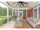Cozy screened-in porch featuring comfortable seating and a ceiling fan, perfect for relaxing outdoors at 1912 Windmere Dr, Monroe, NC 28110