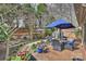 Charming backyard featuring a brick patio, garden, and wrought iron furniture at 5721 Ballinard Ln, Charlotte, NC 28277