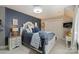 Stylish bedroom featuring a navy accent wall, a cozy bed with decorative pillows, and a charming bedside table at 5721 Ballinard Ln, Charlotte, NC 28277