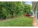 A relaxing backyard with a wooden deck and lush trees, offering privacy and tranquility at 1405 Amberlight Cir, Salisbury, NC 28144
