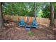 Backyard features two blue Adirondack chairs with a small table in a shaded space at 14218 Springsure Ct, Huntersville, NC 28078