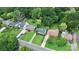 Aerial view of homes with well-manicured lawns and mature trees lining the street at 2421 Shamrock Dr, Charlotte, NC 28205
