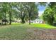 Large grassy backyard framed by mature trees and foliage, offering a private outdoor space at 2421 Shamrock Dr, Charlotte, NC 28205
