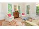Living room with hardwood floors, two chairs, and windows providing natural light at 2516 Selwyn Ave, Charlotte, NC 28209