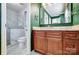 The bathroom features a marble tiled shower, a wood vanity, and bright green walls at 29049 Snapper Pt, Tega Cay, SC 29708