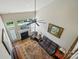 Aerial view of the living room with high ceilings, fireplace, and hardwood floors at 513 Pate Dr, Fort Mill, SC 29715
