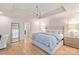 Serene main bedroom with tray ceiling, decorative wall panels, and hardwood floors at 5917 Bridger Ct, Charlotte, NC 28211