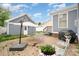 Backyard featuring a brick patio with an outdoor dining set and lush landscaping at 7043 Blakeney Greens Blvd, Charlotte, NC 28277
