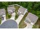 Aerial view of three, two-story homes on a cul-de-sac with well-maintained landscaping at 7527 Finnigan Rd, Charlotte, NC 28215