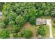 Overhead view displays a home with a long driveway surrounded by trees at 8622 Lower Rocky River Rd, Concord, NC 28025