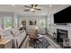 Cozy living room with fireplace, decorative rug, and plenty of natural light at 16034 Rushwick Dr, Huntersville, NC 28078