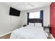 Bright bedroom features a ceiling fan, a TV, a window with blue curtains and hardwood floors at 5953 Prescott Ct # 3105, Charlotte, NC 28269