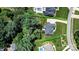 Aerial view of a house with a green property outline, trees, patio, and pool in the surrounding neighborhood at 73 41St Nw Ave, Hickory, NC 28601