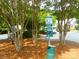 Community dog waste station with dispenser and trash receptacle next to crape myrtle trees and other greenery at 9139 Charminster Ct, Charlotte, NC 28269