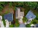 Aerial view of a home and its neighborhood, surrounded by mature trees, highlighted by red boundary line at 9410 Greenbank Ct, Charlotte, NC 28214