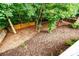Overhead view of the backyard featuring mature trees, mulch ground cover, and privacy fencing at 9410 Greenbank Ct, Charlotte, NC 28214