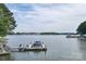 Scenic waterfront view with a boat dock, serene lake, and lush shoreline at 18118 Pompano Pl, Cornelius, NC 28031