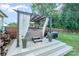Outdoor hot tub on a multi-tiered deck with privacy curtains, perfect for unwinding and enjoying the backyard at 205 Wingate Dr, Stanley, NC 28164