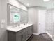 Bathroom features a double vanity and walk-in shower with white subway tile at 2168 Sunset Cir, Fort Mill, SC 29715