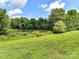 View of a grassy backyard with a pond and trees on a bright day at 2325 Perry Rd, Denver, NC 28037